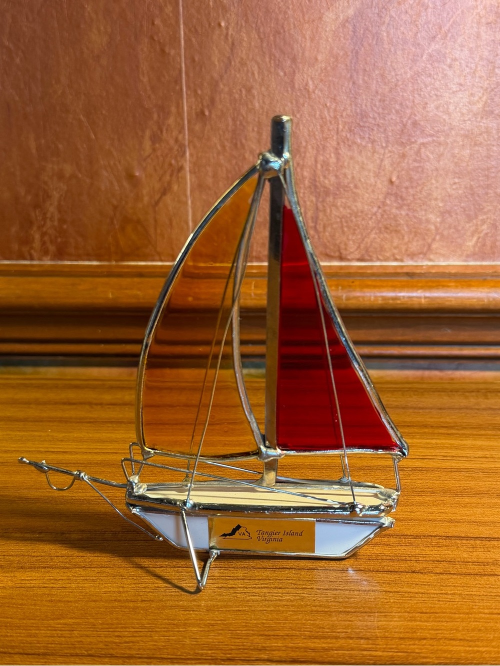 Stained Glass Sailboat Figurine With Yellow & Red Sails Metal Frame